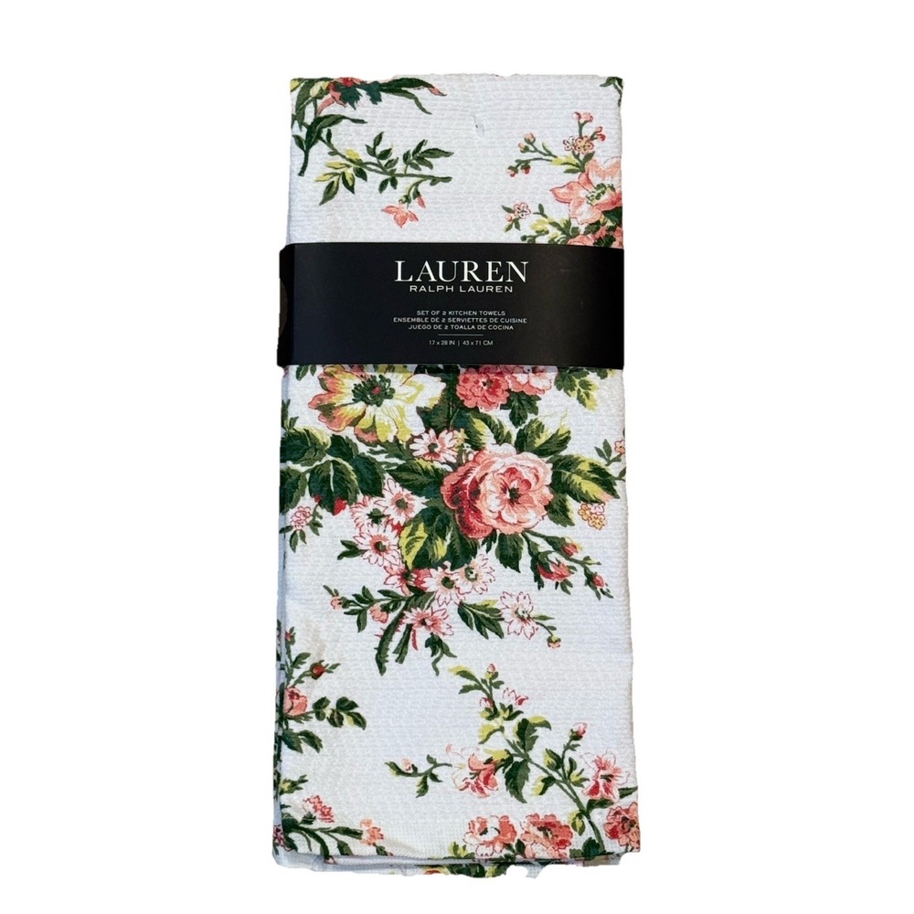 Ralph‎ Lauren Home Floral Pink Roses Absorbent Cotton Kitchen Dish Towels Set 2